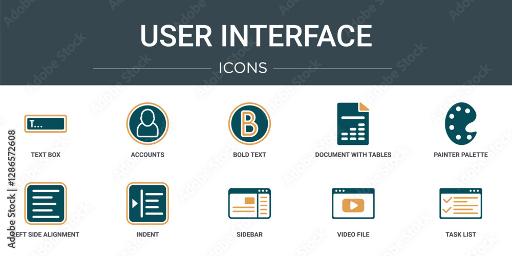 Poster set of 10 outline web user interface icons such as text box, accounts, bold text, document with tabl