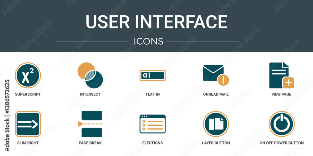 Poster set of 10 outline web user interface icons such as superscript, intersect, text in, unread mail, new