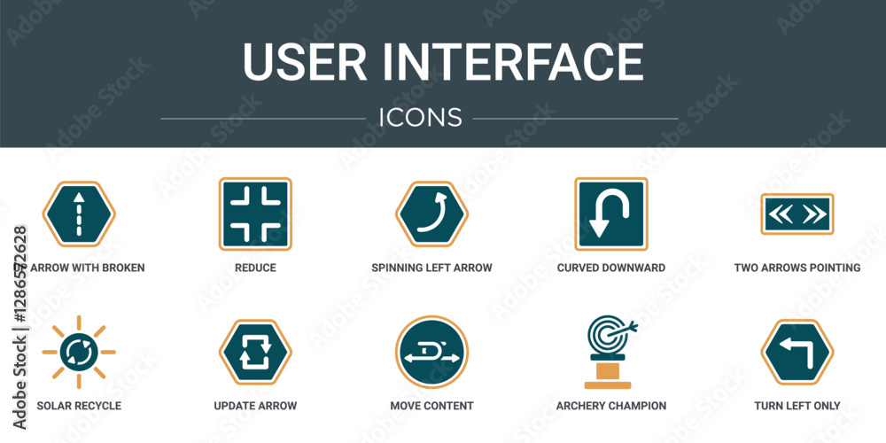 Poster set of 10 outline web user interface icons such as up arrow with broken lines, reduce, spinning left