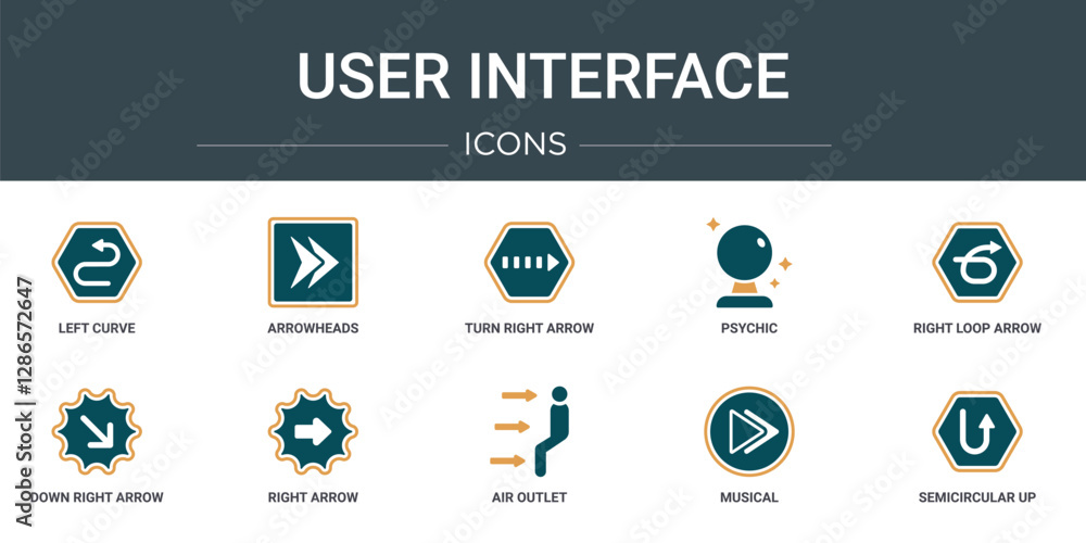 Poster set of 10 outline web user interface icons such as left curve, arrowheads, turn right arrow with bro