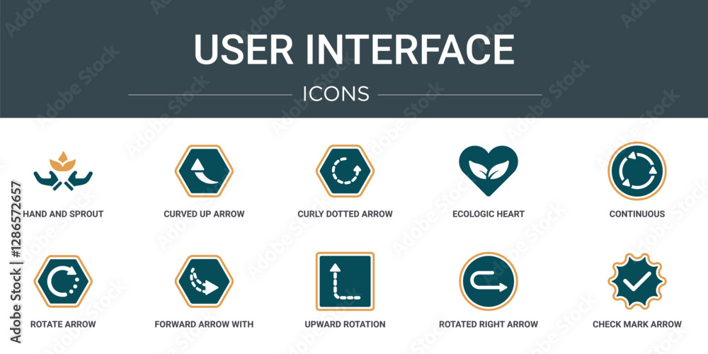 Poster set of 10 outline web user interface icons such as hand and sprout, curved up arrow, curly dotted ar