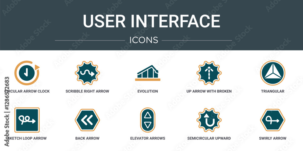 Poster set of 10 outline web user interface icons such as circular arrow clock, scribble right arrow, evolu