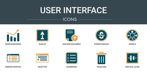 set of 10 outline web user interface icons such as increasing bars graphic, slim up, add new document, strikethrough, wheels, window graphic, selective vector icons for report, presentation,