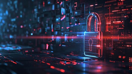 Cyber Security Neon Lock on Digital Circuitry, digital art, cybersecurity , lock , circuitry
