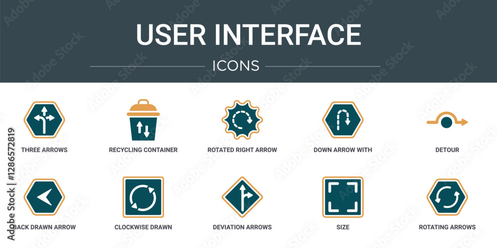 Poster set of 10 outline web user interface icons such as three arrows, recycling container, rotated right 