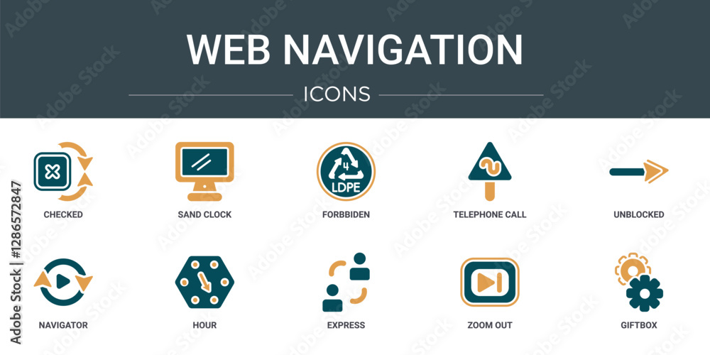 Poster set of 10 outline web web navigation icons such as checked, sand clock, forbbiden, telephone call, u