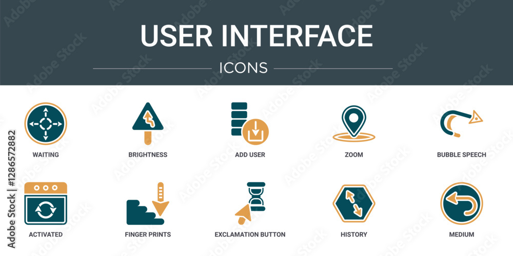 Poster set of 10 outline web user interface icons such as waiting, brightness, add user, zoom, bubble speec