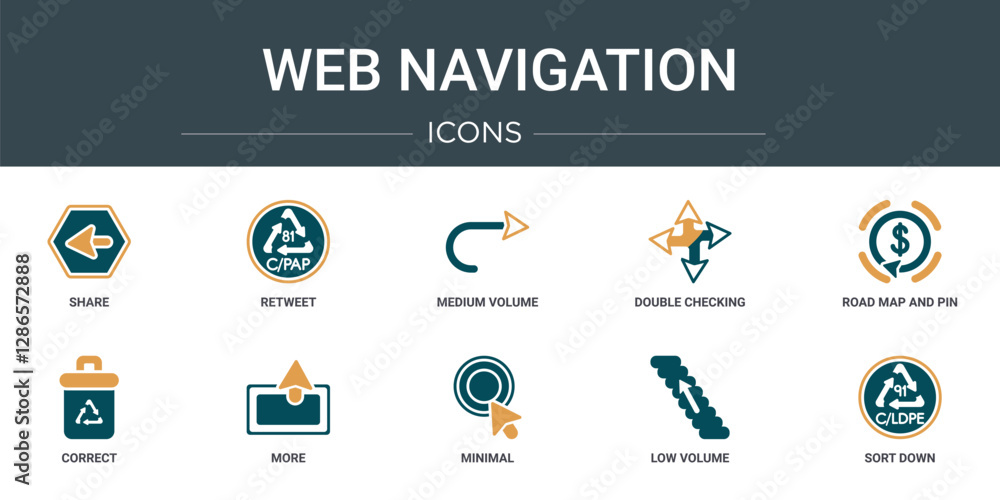 Aufkleber set of 10 outline web web navigation icons such as share, retweet, medium volume, double checking, r