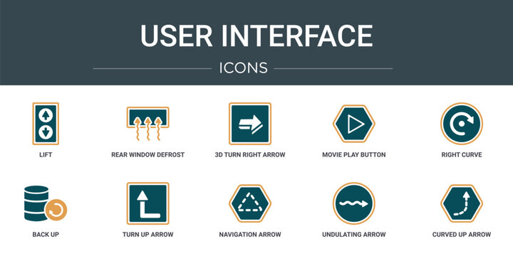 set of 10 outline web user interface icons such as lift, rear window defrost, 3d turn right arrow, movie play button, right curve, back up, turn up arrow vector icons for report, presentation,