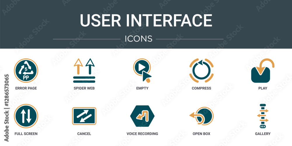 Aufkleber set of 10 outline web user interface icons such as error page, spider web, empty, compress, play, fu