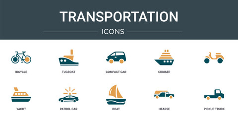 set of 10 outline web transportation icons such as bicycle, tugboat, compact car, cruiser,  , yacht, patrol car vector icons for report, presentation, diagram, web design, mobile app