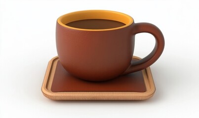 Brown ceramic coffee cup on wooden coaster, simple white background, ideal for cafe menus