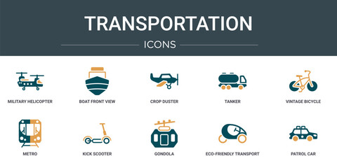set of 10 outline web transportation icons such as military helicopter, boat front view, crop duster, tanker, vintage bicycle, metro, kick scooter vector icons for report, presentation, diagram, web