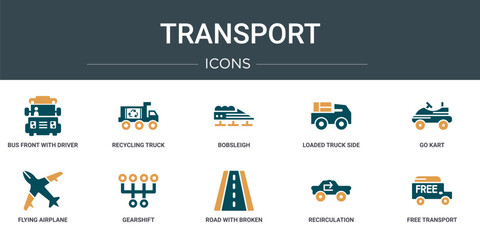 set of 10 outline web transport icons such as bus front with driver, recycling truck, bobsleigh, loaded truck side view, go kart, flying airplane, gearshift vector icons for report, presentation,