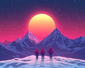 Naklejka premium Adventurers gaze at sunset over snowy mountains.