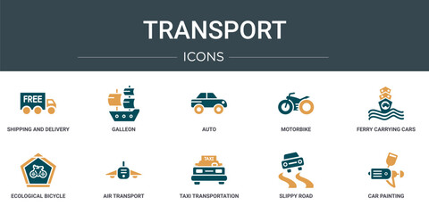 set of 10 outline web transport icons such as shipping and delivery, galleon, auto, motorbike, ferry carrying cars, ecological bicycle transport, air transport vector icons for report, presentation,