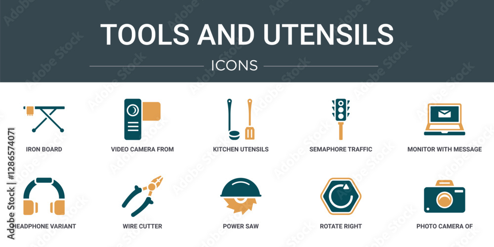 Wall mural set of 10 outline web tools and utensils icons such as iron board, video camera from frontal view, k