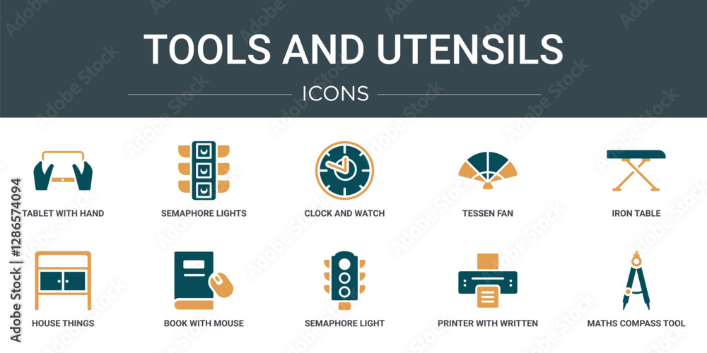 Poster set of 10 outline web tools and utensils icons such as tablet with hand, semaphore lights, clock and