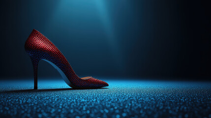 Elegant red high heel shoe on sparkling surface with dramatic lighting