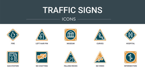 set of 10 outline web traffic signs icons such as fire, left hair pin, museum, curves, hospital, gas station, no chatting vector icons for report, presentation, diagram, web design, mobile app