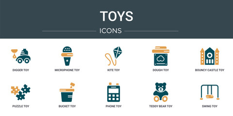 set of 10 outline web toys icons such as digger toy, microphone toy, kite toy, dough bouncy castle puzzle bucket vector icons for report, presentation, diagram, web design, mobile app