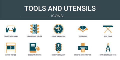 set of 10 outline web tools and utensils icons such as tablet with hand, semaphore lights, clock and watch, tessen fan, iron table, house things, book with mouse vector icons for report,