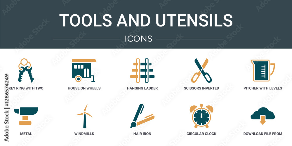Poster set of 10 outline web tools and utensils icons such as key ring with two keys, house on wheels, hang