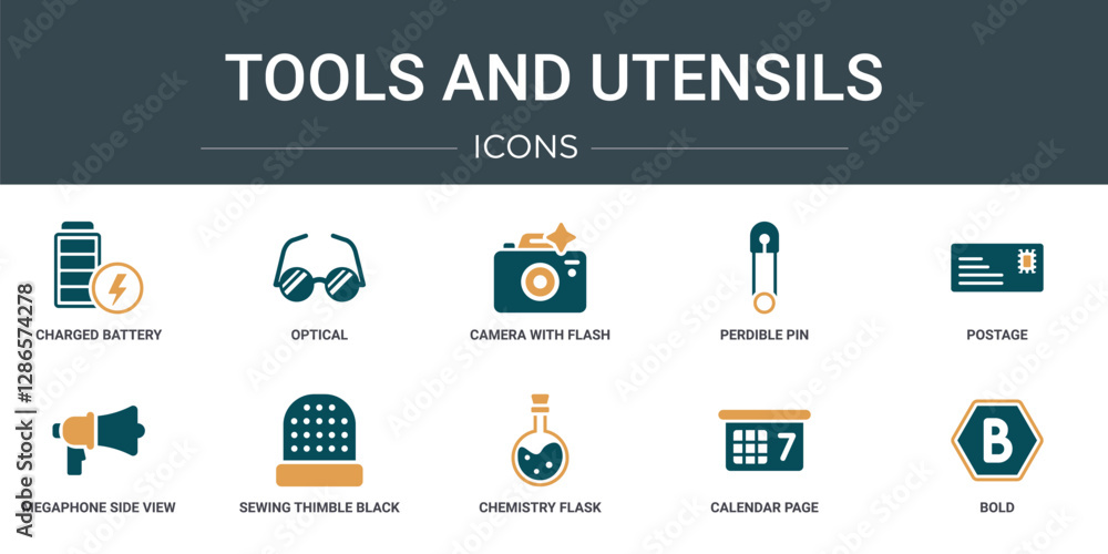 Poster set of 10 outline web tools and utensils icons such as charged battery, optical, camera with flash, 