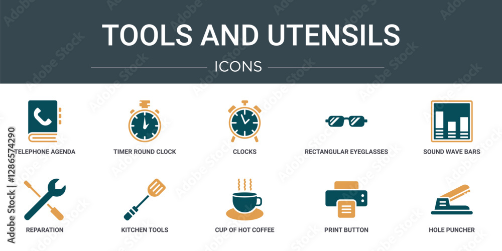 Poster set of 10 outline web tools and utensils icons such as telephone agenda, timer round clock, clocks, 