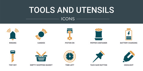 set of 10 outline web tools and utensils icons such as ringing, candies, piston on, pepper container, battery charging status, tiny key, empty shopping basket vector icons for report, presentation,