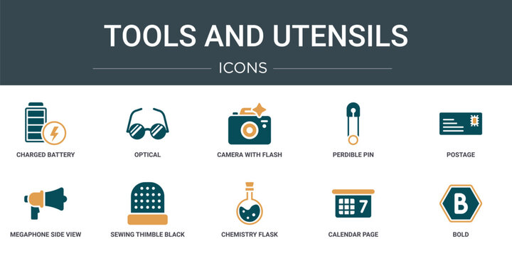 set of 10 outline web tools and utensils icons such as charged battery, optical, camera with flash, perdible pin, postage, megaphone side view, sewing thimble black variant vector icons for report,