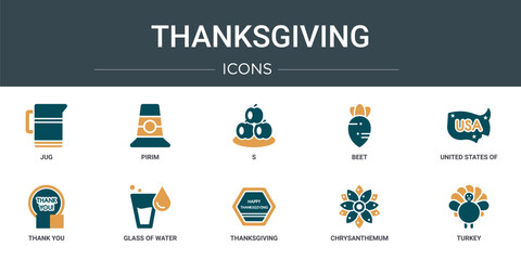 set of 10 outline web thanksgiving icons such as jug, pirim, s, beet, united states of america, thank you, glass of water vector icons for report, presentation, diagram, web design, mobile app