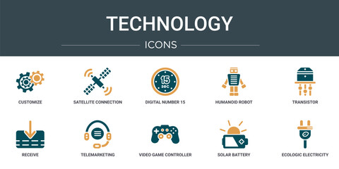 set of 10 outline web technology icons such as customize, satellite connection, digital number 15, humanoid robot, transistor, receive, telemarketing vector icons for report, presentation, diagram,