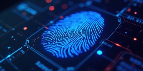 Close-up of blue neon digital fingerprint sensor , illuminated, future, neon-light