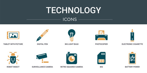 set of 10 outline web technology icons such as tablet with picture, digital pen, big light bulb, photocopier, electronic cigarette, robot insect, surveillance camera vector icons for report,