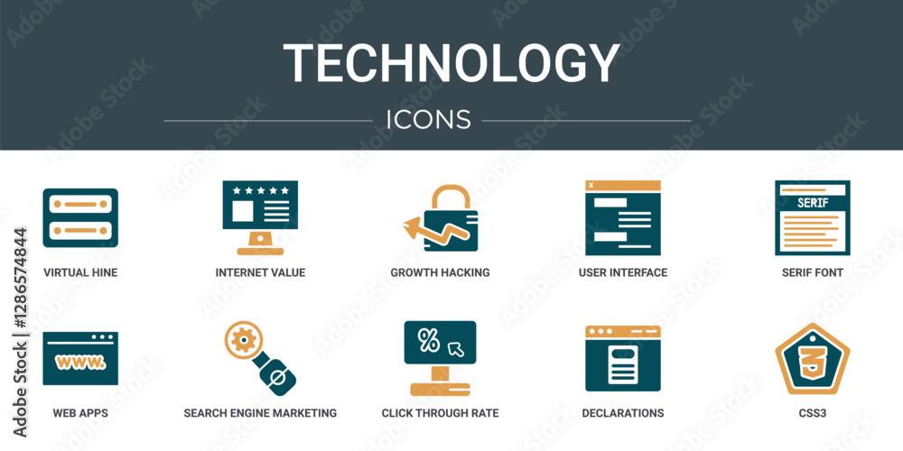 Poster set of 10 outline web technology icons such as virtual hine, internet value, growth hacking, user in