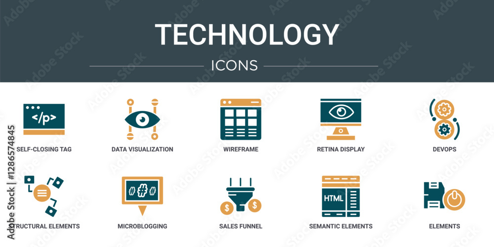 Poster set of 10 outline web technology icons such as self-closing tag, data visualization, wireframe, reti