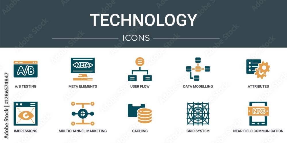 Poster set of 10 outline web technology icons such as a/b testing, meta elements, user flow, data modelling