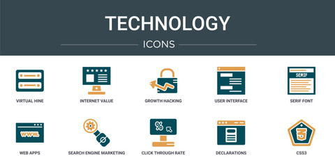 set of 10 outline web technology icons such as virtual hine, internet value, growth hacking, user interface, serif font, web apps, search engine marketing vector icons for report, presentation,