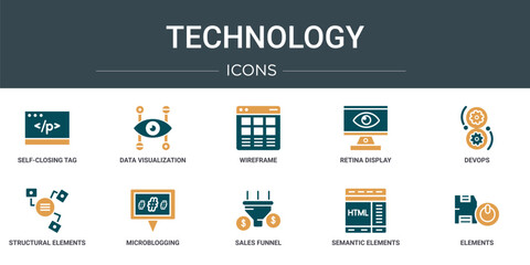 set of 10 outline web technology icons such as self-closing tag, data visualization, wireframe, retina display, devops, structural elements, microblogging vector icons for report, presentation,