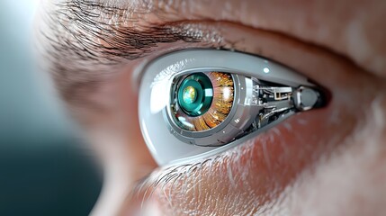 Close up view of a bionic eye implant showcasing the latest advancements in visual enhancement technology  The robotic futuristic design features a complementary color scheme of blues and oranges