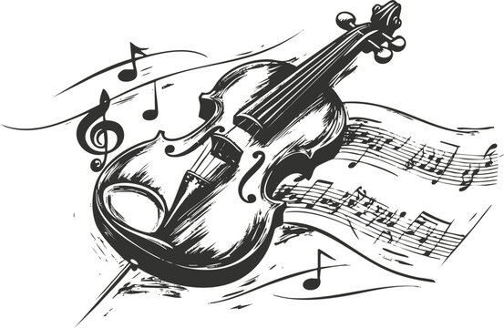 Black and white sketch of a violin with musical notes and sheet music.