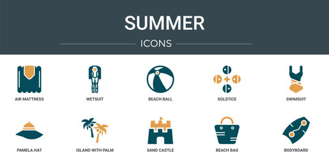 set of 10 outline web summer icons such as air mattress, wetsuit, beach ball, solstice, swimsuit, pamela hat, island with palm trees vector icons for report, presentation, diagram, web design,