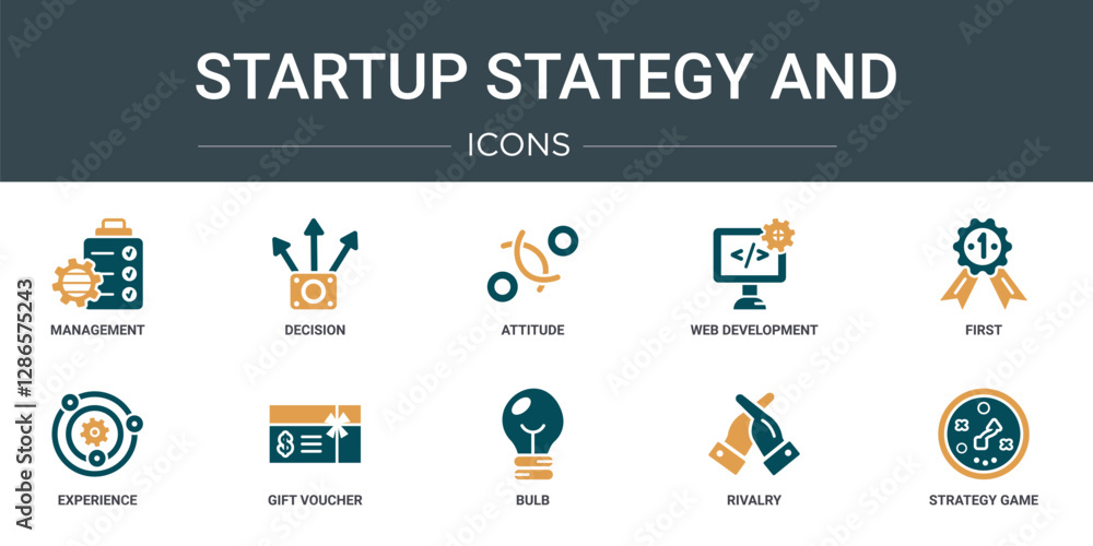 Poster set of 10 outline web startup stategy and icons such as management, decision, attitude, web developm