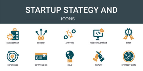 set of 10 outline web startup stategy and icons such as management, decision, attitude, web development, first, experience, gift voucher vector icons for report, presentation, diagram, web design,