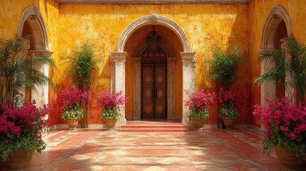Fototapeta premium vibrant courtyard with yellow walls, lush plants, and pink flowers creates warm and inviting atmosphere