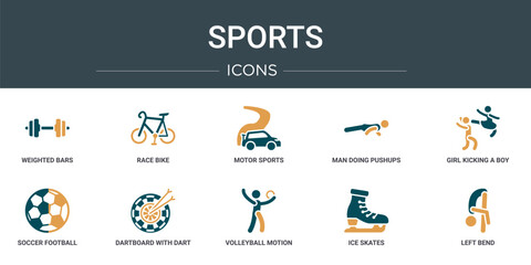 set of 10 outline web sports icons such as weighted bars, race bike, motor sports, man doing pushups, girl kicking a boy in the face, soccer football ball, dartboard with dart vector icons for