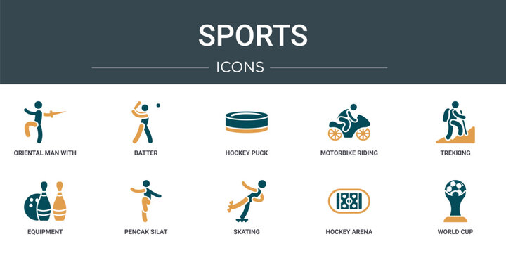 set of 10 outline web sports icons such as oriental man with a sword, batter, hockey puck, motorbike riding, trekking, equipment, pencak silat vector icons for report, presentation, diagram, web