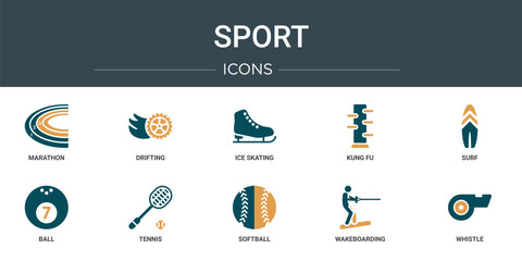 set of 10 outline web sport icons such as marathon, drifting, ice skating, kung fu, surf, ball, tennis vector icons for report, presentation, diagram, web design, mobile app © Digital Bazaar