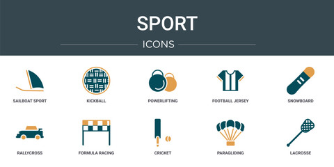 set of 10 outline web sport icons such as sailboat sport, kickball, powerlifting, football jersey, snowboard, rallycross, formula racing vector icons for report, presentation, diagram, web design,
